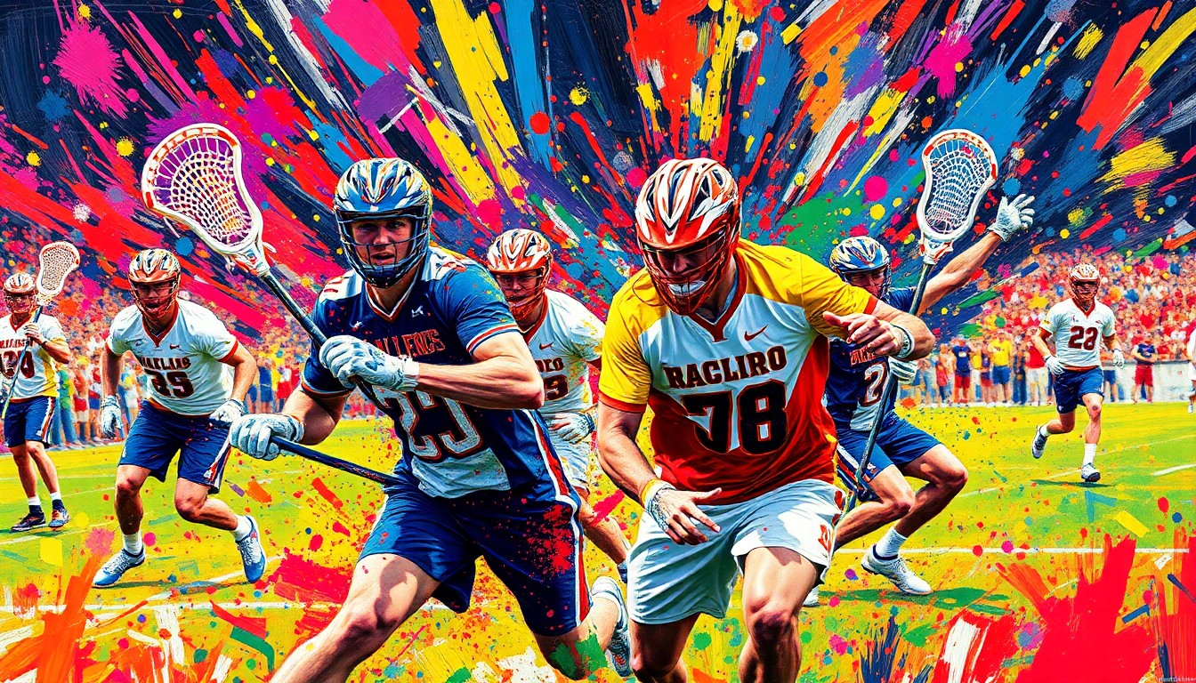 An abstract, energetic painting in neon colors depicting the intense action and movement of a college lacrosse game, with players' forms dissolving into expressive brushstrokes.