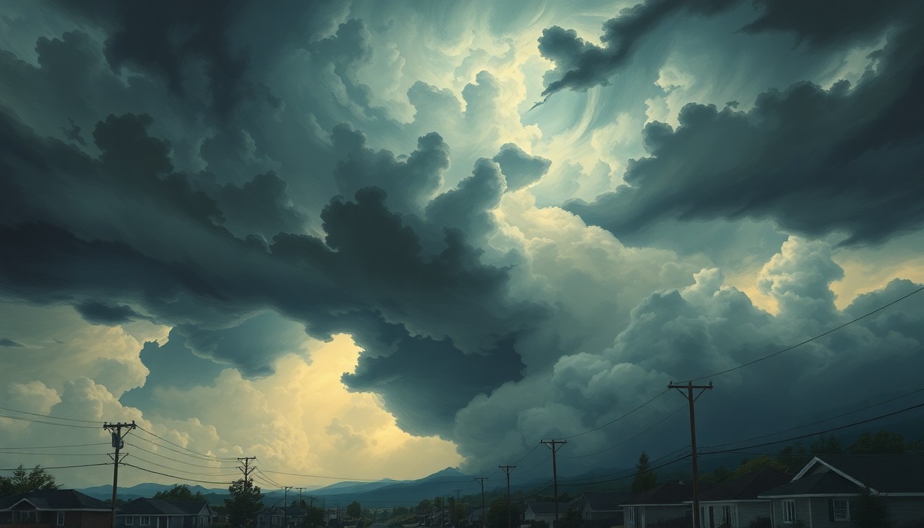 A sweeping, atmospheric landscape painting depicting a dramatic thunderstorm rolling over a suburban neighborhood, with power lines and utility poles dwarfed by the scale of the swirling clouds and dramatic lighting, conveying the overwhelming power of nature.