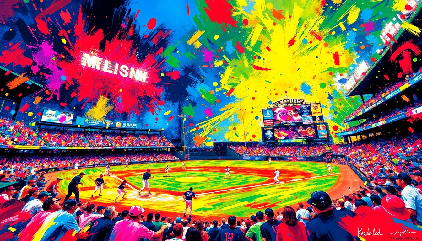 An abstract, expressionist painting in vibrant neon colors, capturing the dynamic energy and movement of a baseball game, with players and the field blending into a chaotic, colorful display of brushstrokes and shapes.