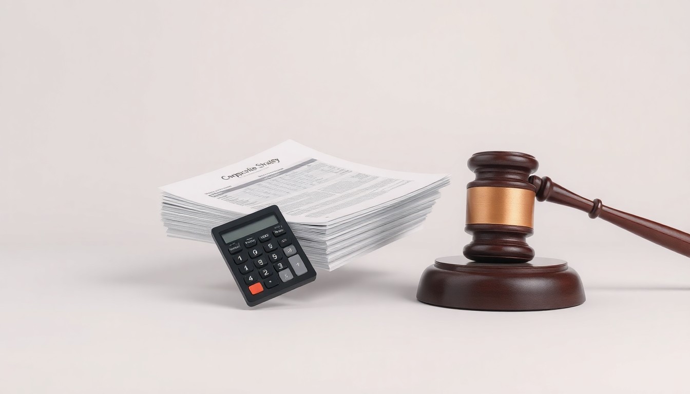 A minimalist studio still life featuring a stack of financial documents, a calculator, and a gavel floating on a clean, monochromatic background, conceptually representing the abstract themes of corporate strategy, finance, and legal proceedings.