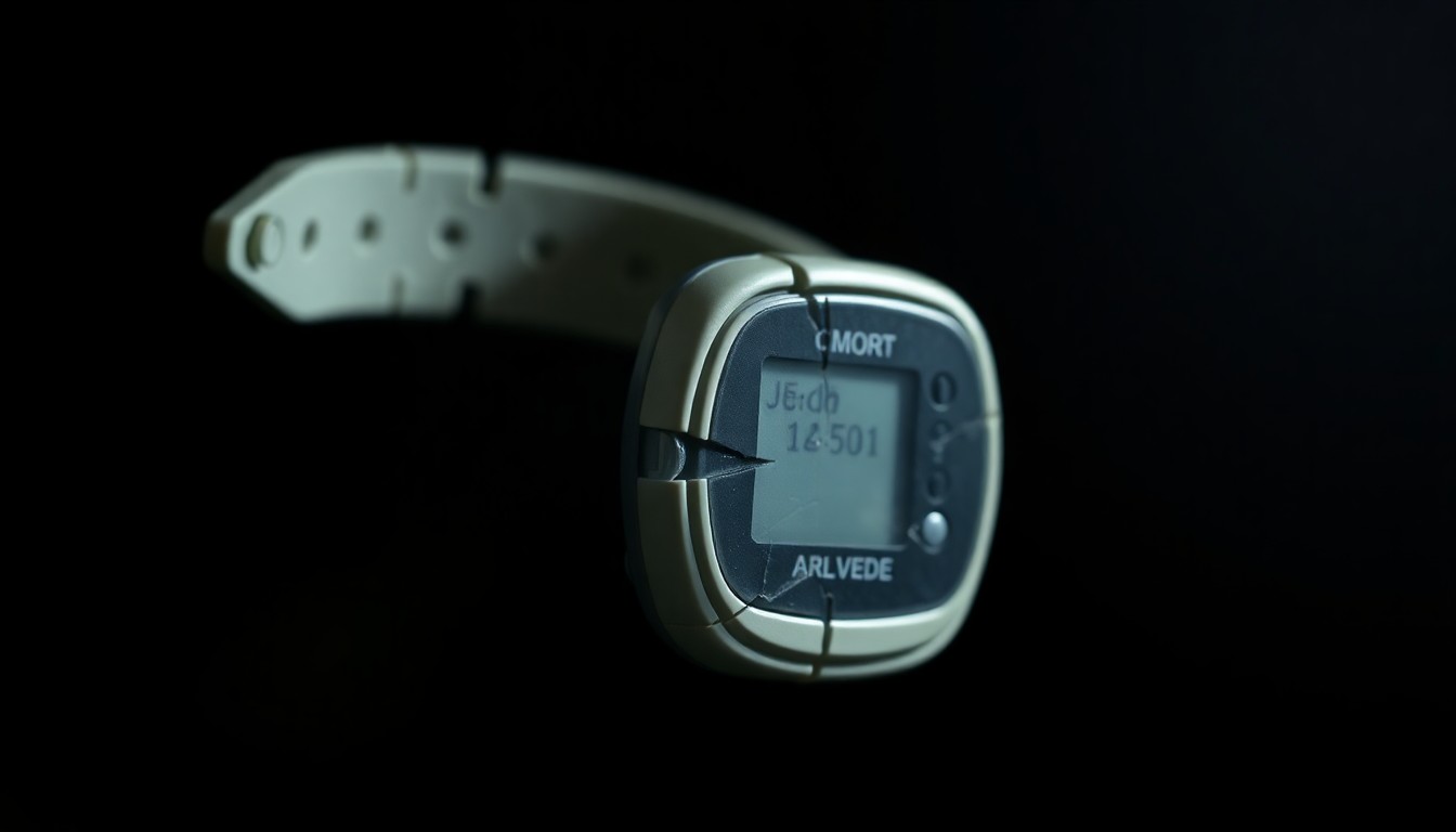 An extreme close-up photograph of a broken GPS ankle monitor against a pitch-black background, the cracked and damaged device representing the vulnerabilities in the juvenile offender monitoring system.