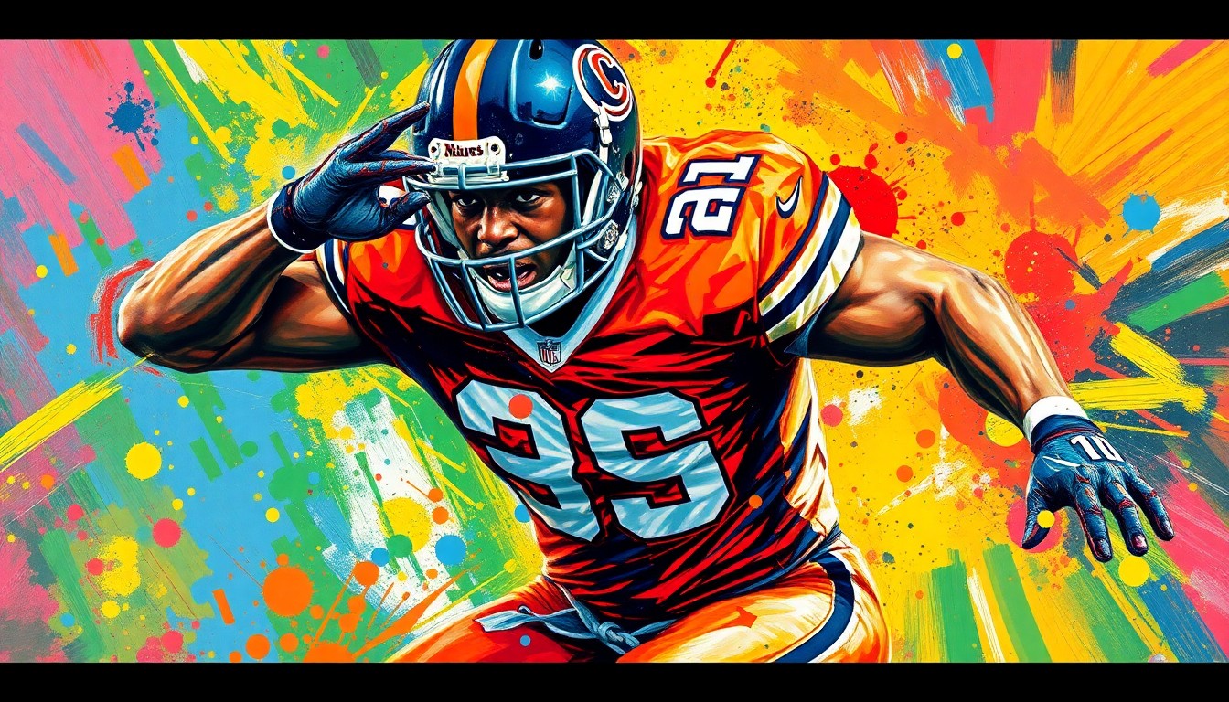 An extreme close-up of a college football player in mid-motion, with his face and jersey number obscured by vibrant, expressive brushstrokes in neon colors, capturing the raw power and energy of the game.