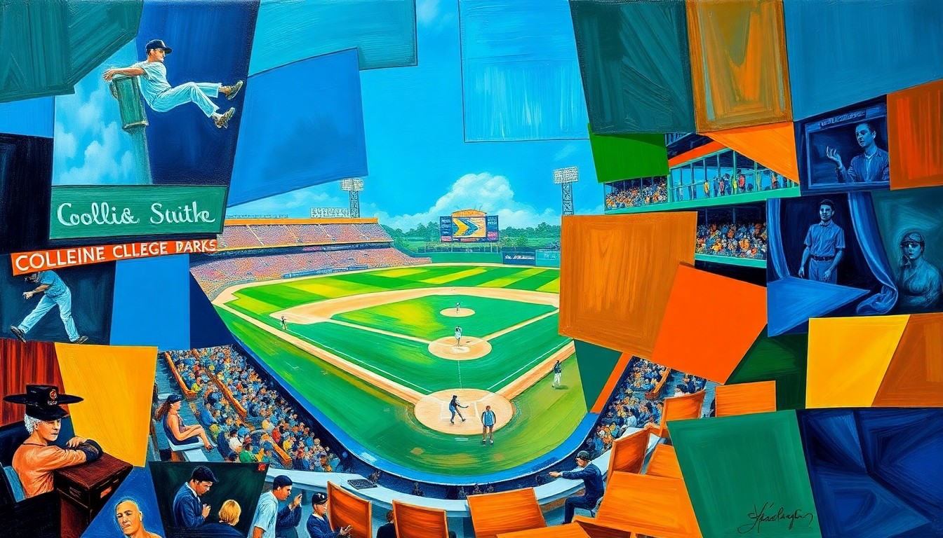 A fragmented, geometric painting depicting the dynamic movements and energy of a college baseball game, with sharp planes of blue, orange, and green.