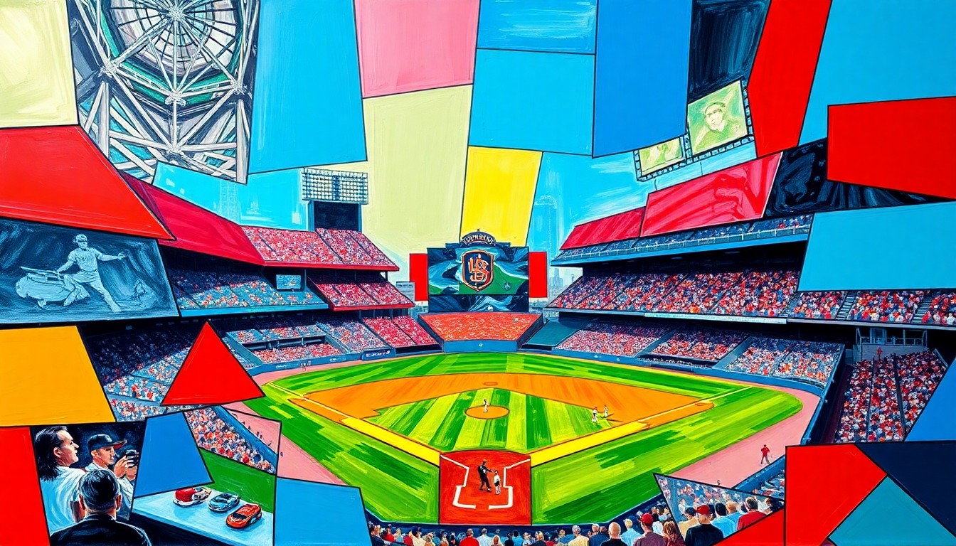 A fractured, cubist-style painting depicting a baseball game, with sharp geometric shapes and planes of vibrant colors representing the dynamic action on the field.