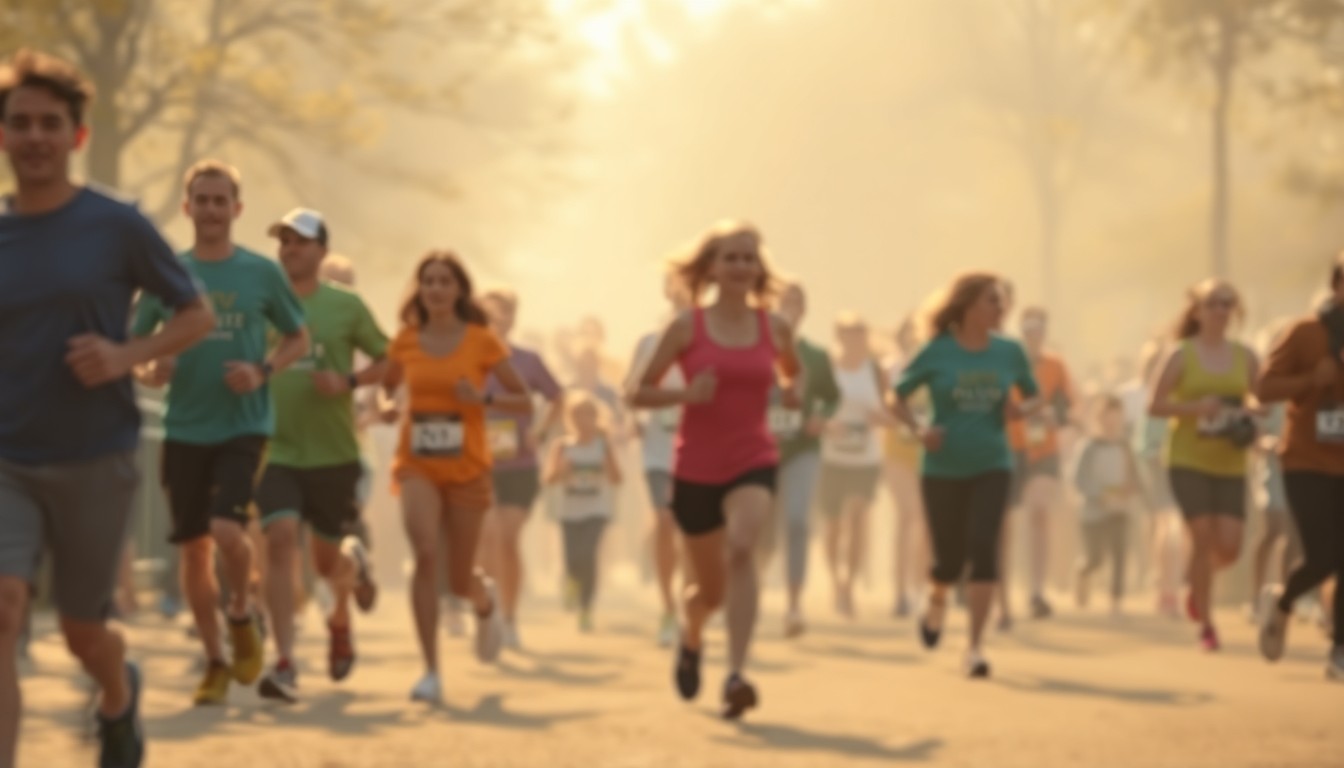An out-of-focus, impressionistic photograph depicting a group of runners and walkers of various ages participating in a community event, with blurred shapes and movement creating a warm, atmospheric scene.
