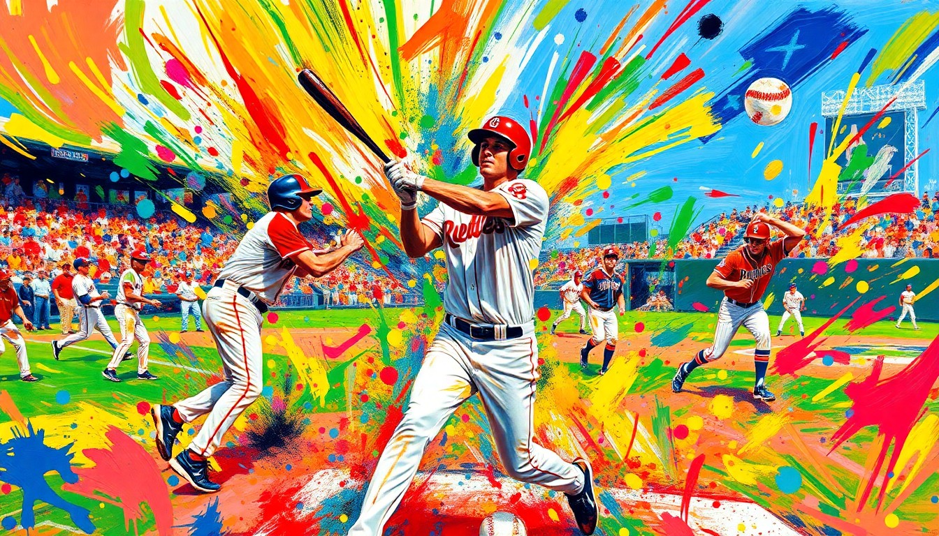 An abstract, energetic painting featuring bold brushstrokes in neon shades of blue, orange, and green, capturing the dynamic motion and intensity of a college baseball game.