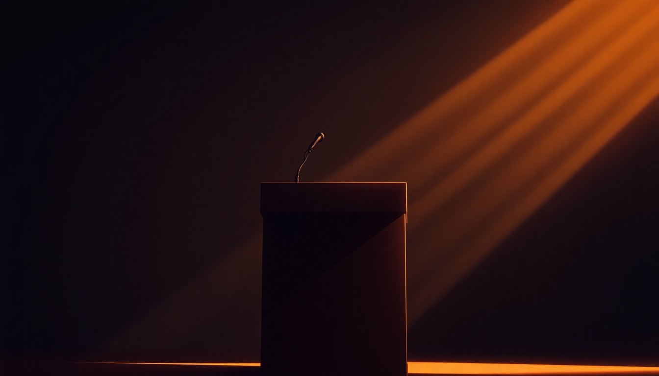 A warm, cinematic painting depicting a solitary political podium or lectern in a dimly lit, shadowy room, with diagonal beams of light casting a dramatic glow across the scene, conveying a sense of political tension and uncertainty.