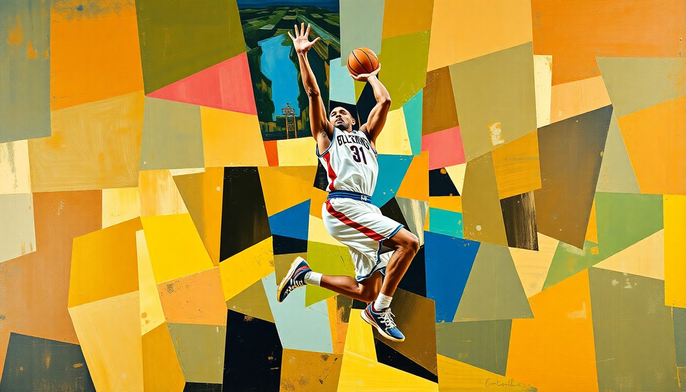 A cubist, geometric illustration depicting the movements and actions of a basketball player, with sharp, overlapping planes of color and form conveying the dynamic energy of the sport.