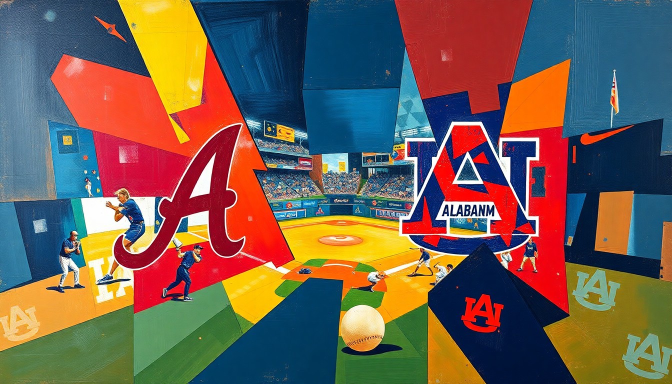 A fractured, multi-perspective painting featuring sharp, overlapping geometric planes in crimson, navy, orange, and blue, conceptually representing the intensity and energy of a high-stakes softball rivalry game between Alabama and Auburn.