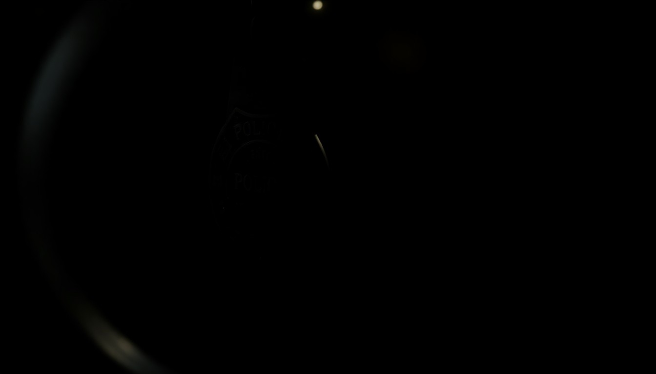 An extreme close-up of a police badge or handcuff key reflecting a harsh, direct camera flash, conceptually representing the gritty, investigative nature of the Harless case.