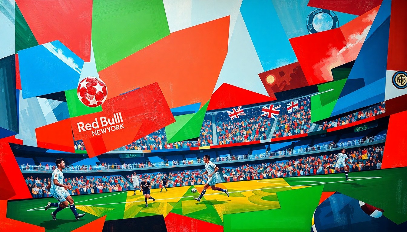 A fragmented, abstract painting depicting a soccer match, with players and the field broken down into overlapping geometric shapes and planes of vibrant colors.