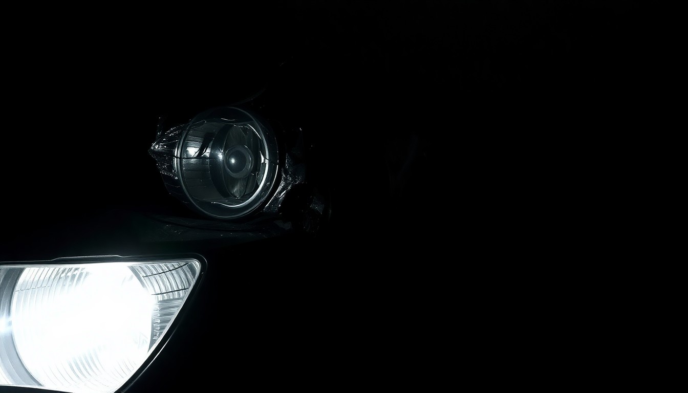 An extreme close-up photograph of a damaged car part, such as a shattered headlight or crumpled fender, lit by a harsh, direct camera flash against a pitch-black background, conceptually illustrating the aftermath of a hit-and-run crash involving an alleged impaired driver.