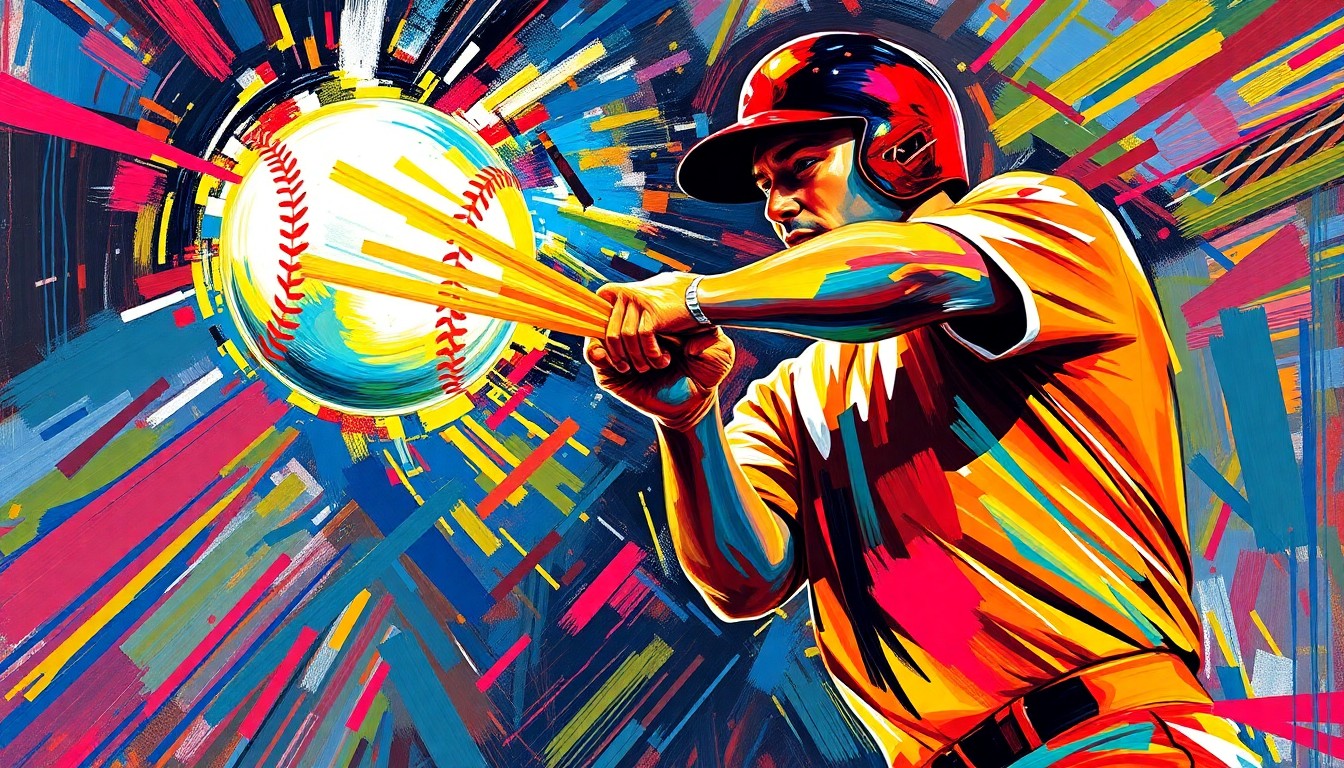 An abstract, energetic painting in neon colors depicting the explosive motion of a baseball player swinging a bat, the ball blurring into a streak of light as it leaves the frame.