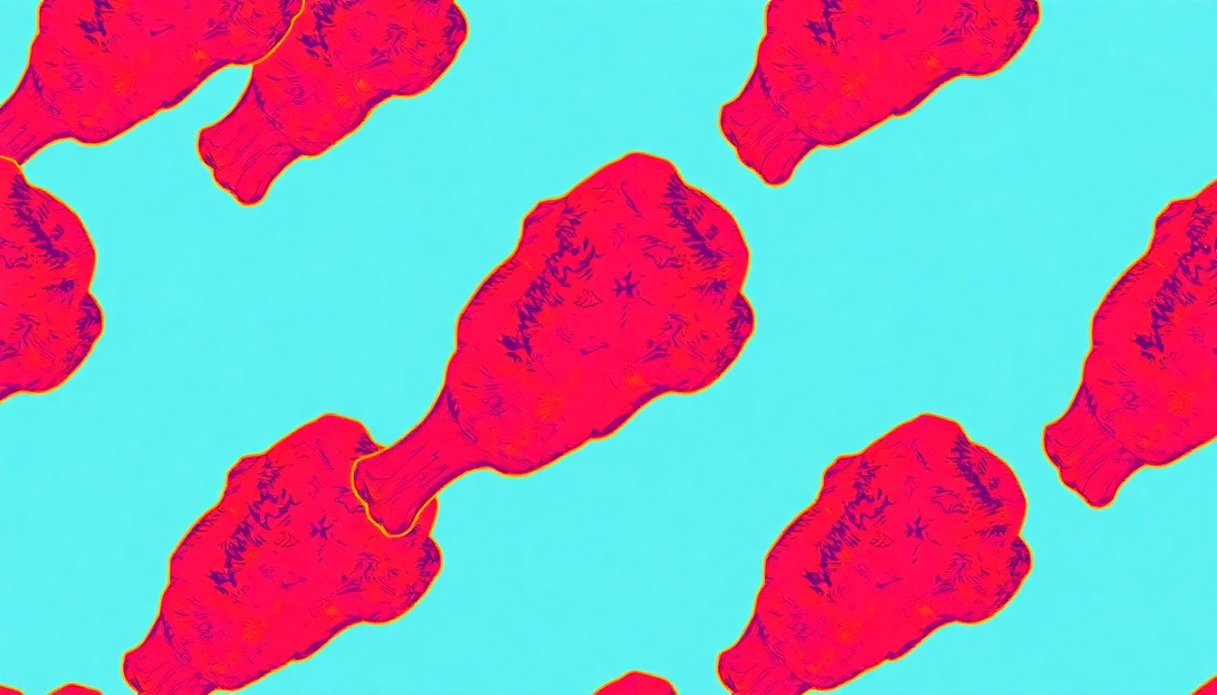 A highly stylized, pop art-inspired illustration featuring a repeating pattern of brightly colored fried chicken drumsticks, conceptually representing the classic comfort food and community spirit of a local fire department fundraiser.