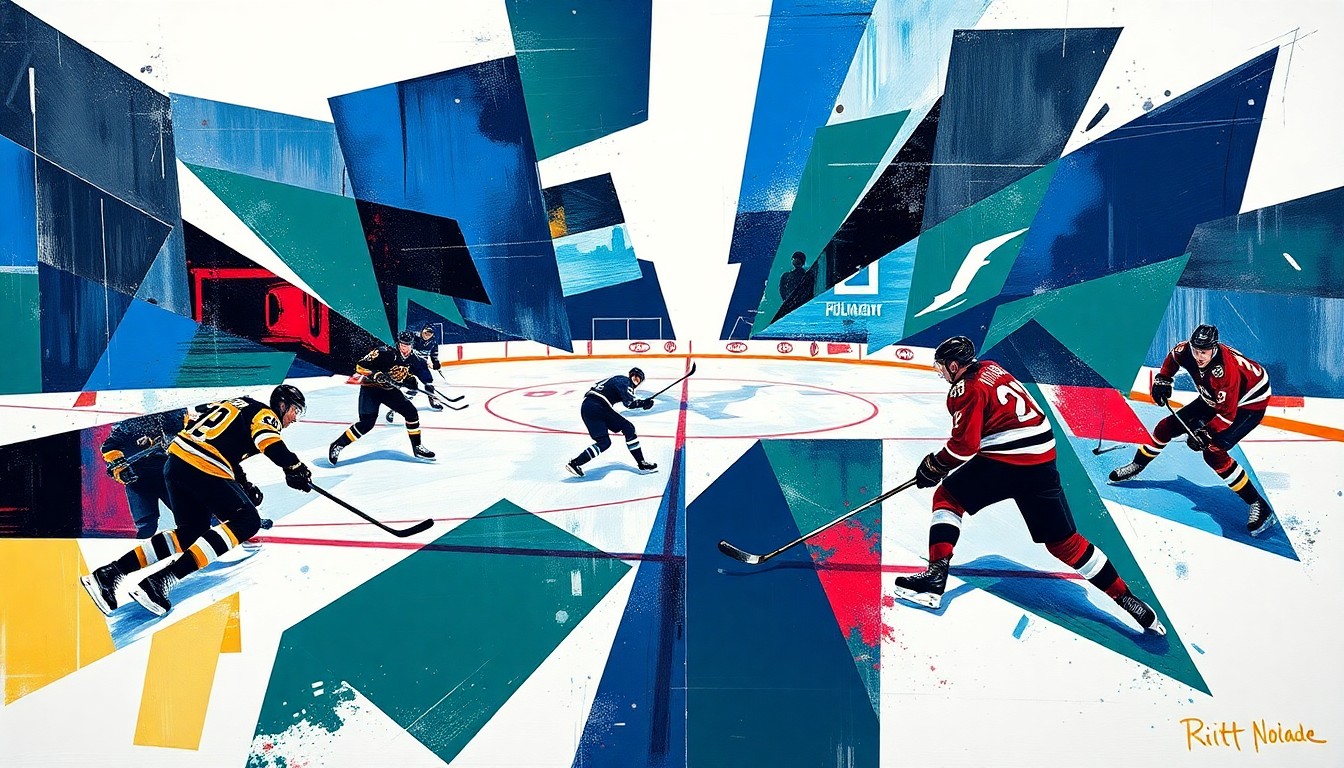 A fractured, multi-perspective painting depicting a hockey game between the Boston Bruins and Tampa Bay Lightning. The players' movements and the puck's trajectory are broken down into sharp, overlapping geometric forms in a palette of navy, green, and red, creating a dynamic, abstract composition.