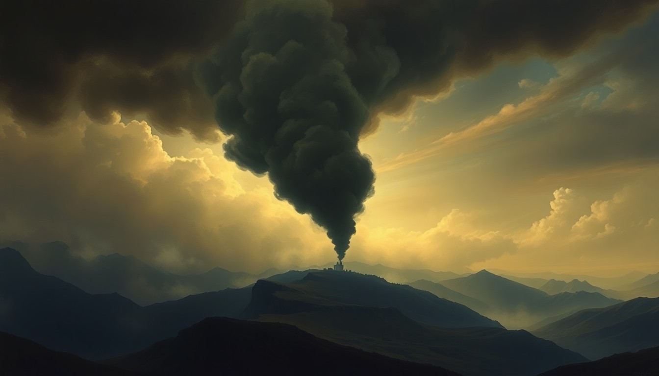 A sweeping, atmospheric landscape painting in muted tones, with a tall column of dark smoke billowing up from an obscured structure in the distance, conveying a sense of the overwhelming power of nature.