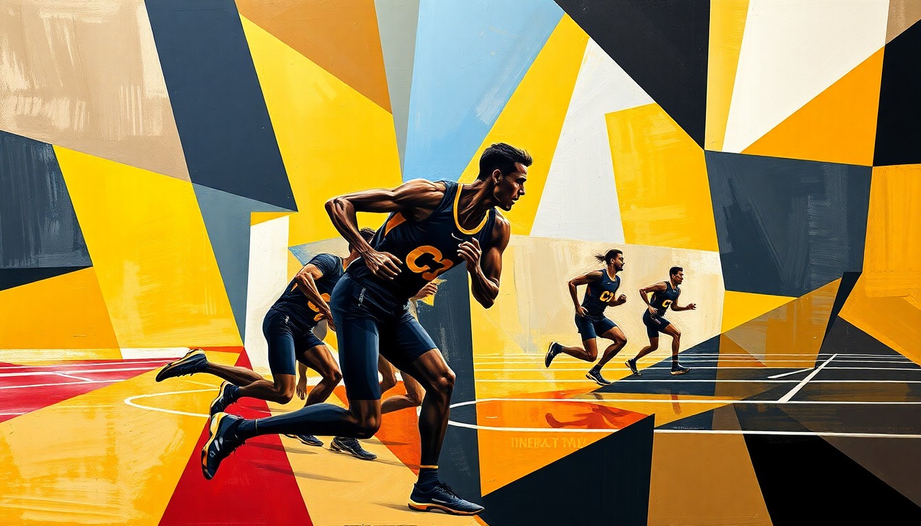 A cubist-style painting featuring overlapping geometric shapes and planes in the University of Colorado's colors of gold, black, and silver, conceptually representing the dynamic motion and energy of a track and field competition.