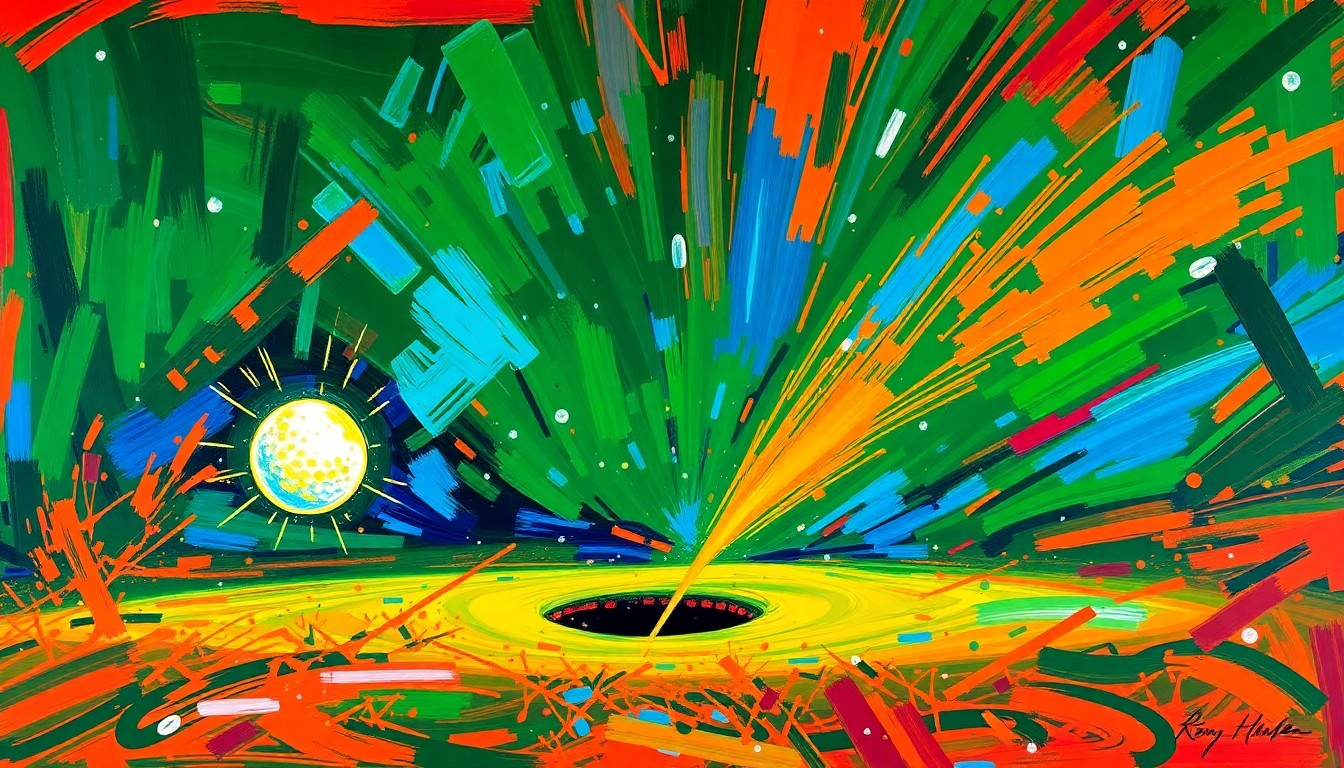 An abstract, expressionist painting in vibrant neon colors depicting a golf ball disappearing into a cup, surrounded by a swirling, energetic background, capturing the excitement and celebration of Shane Lowry's historic second hole-in-one at the Masters.