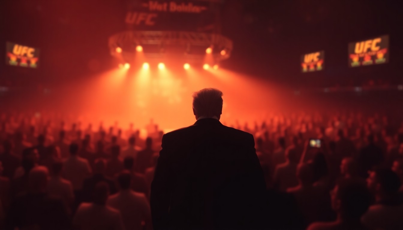 A soft, abstract photograph of a crowded sports arena, with the faint outline of a figure in the center, conceptually representing the distracting presence of a public figure at a sporting event.