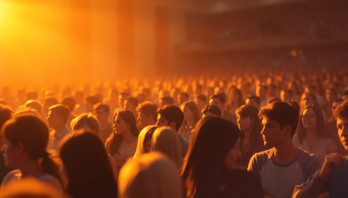 An abstract, impressionistic scene of a crowd gathered in a dimly lit school auditorium, with soft, blurred pools of warm light and color creating an intimate, reflective atmosphere.