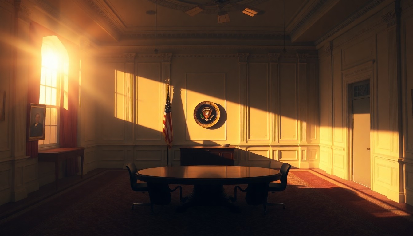 A dimly lit, cinematic painting of an empty White House Situation Room, with warm sunlight streaming in through the windows and deep shadows cast across the room, creating a sense of political tension and intrigue.