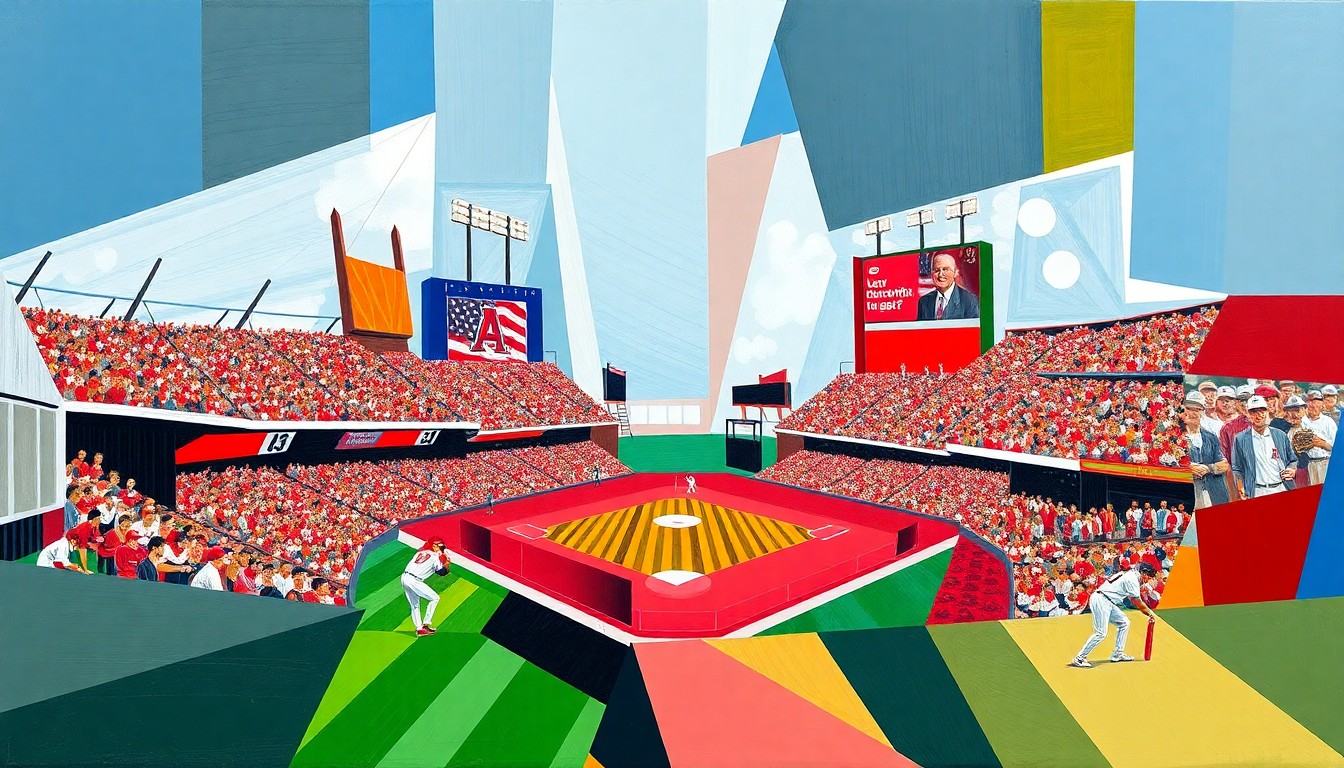 A cubist, geometric painting depicting a fractured baseball game, with overlapping planes of crimson and white representing Alabama, and red and white for Arkansas, conveying the intensity and drama of the late-inning comeback.