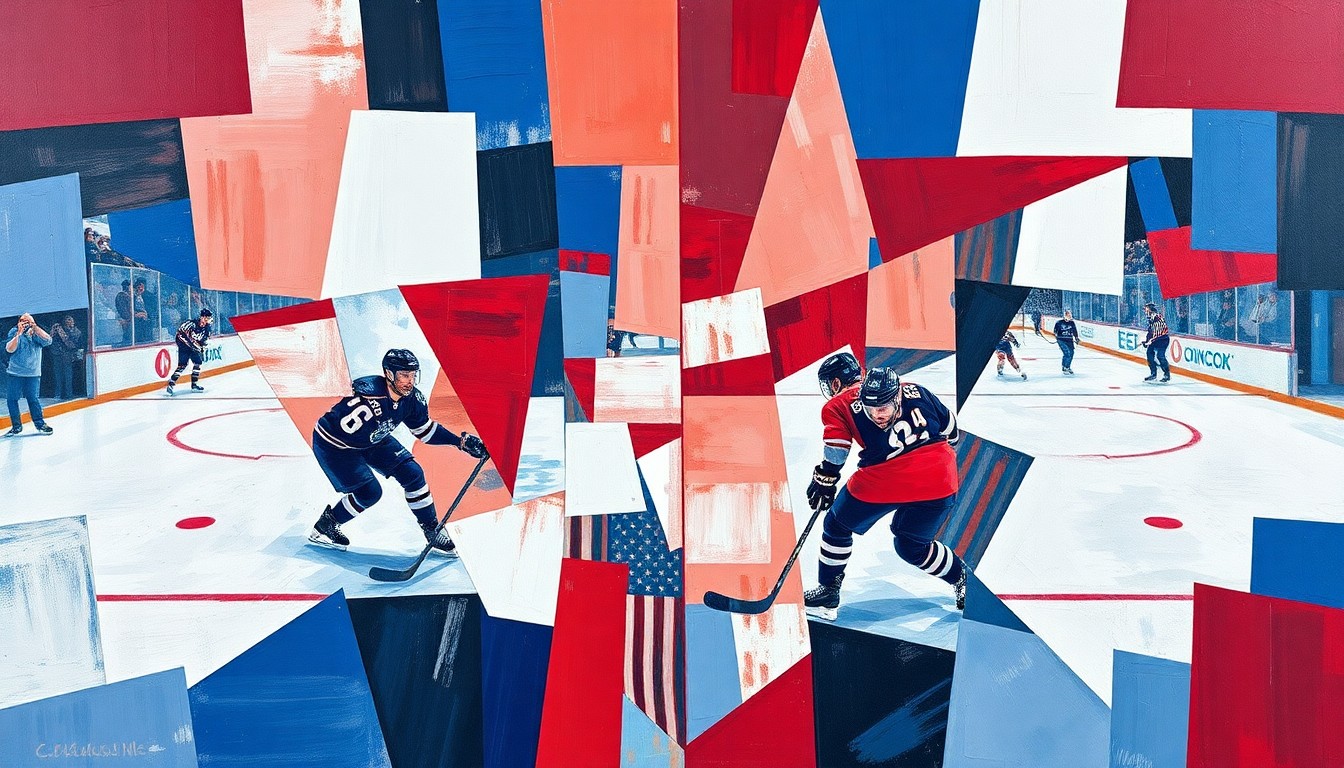 A fragmented, geometric painting in red, white, and blue hues, depicting a hockey game or match broken down into sharp, overlapping planes, representing the Red Wings' struggles this season.