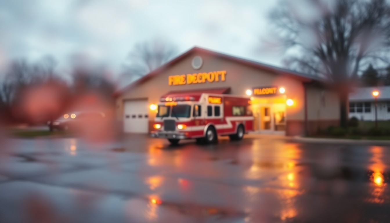 An abstract, impressionistic scene of a fire department's parking lot on a rainy day, with soft, out-of-focus pools of warm color and light creating a dreamlike, welcoming atmosphere.