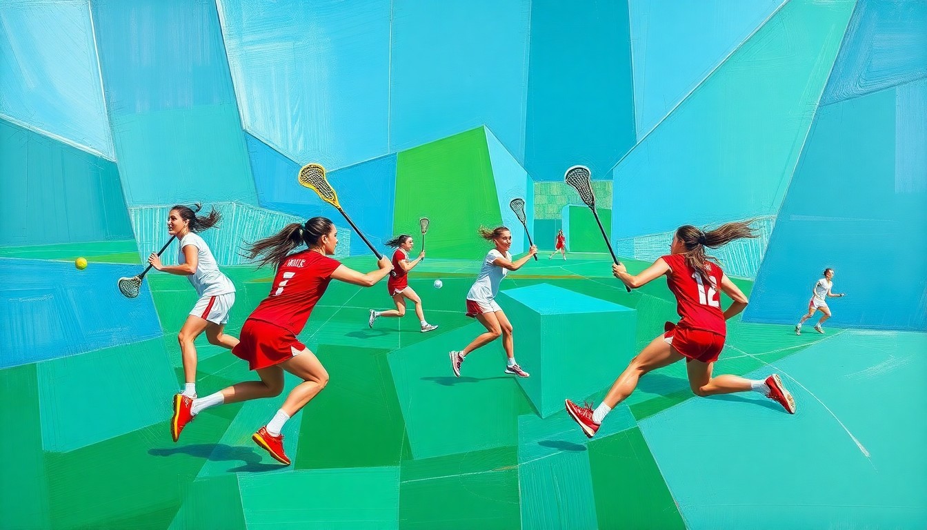 A cubist, geometric painting depicting the dynamic action and movement of a women's lacrosse game, with players and the ball fragmented into overlapping planes of color.