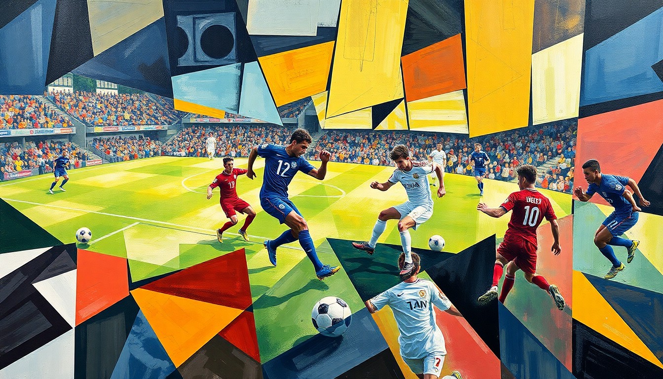 A cubist, geometric painting depicting the energy and movement of a soccer match, with fragmented, overlapping shapes and planes representing the players and the action on the field.