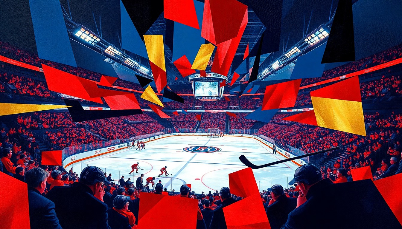 A fractured, cubist-style painting depicting the chaotic energy and action of a college hockey championship game, with players, the ice, and the arena rendered in sharp, overlapping geometric shapes and planes in a bold color palette.