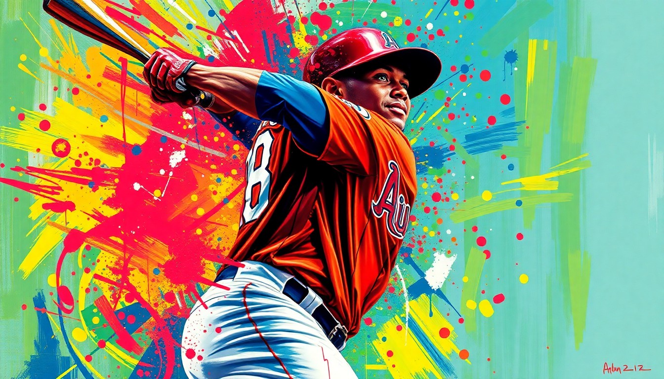 An abstract expressionist painting in vibrant neon colors, capturing the raw athletic energy and movement of a baseball player, with their face and uniform details dissolving into unrecognizable brushstrokes.