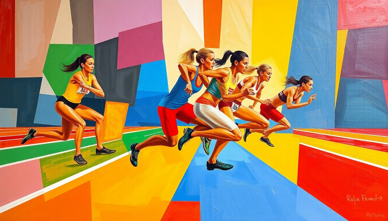 A fractured, multi-perspective painting depicting a women's 4x100-meter relay race, with the runners and track broken down into sharp, overlapping geometric shapes in vibrant primary colors, capturing the raw energy and movement of the event.