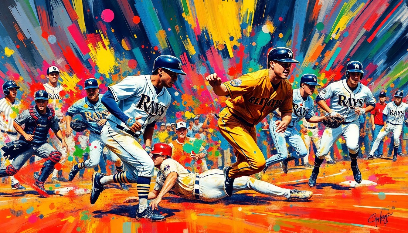 An abstract expressionist painting in vibrant neon colors, capturing the frenetic energy and movement of a baseball game, with players' forms dissolving into dynamic brushstrokes and splashes of paint.