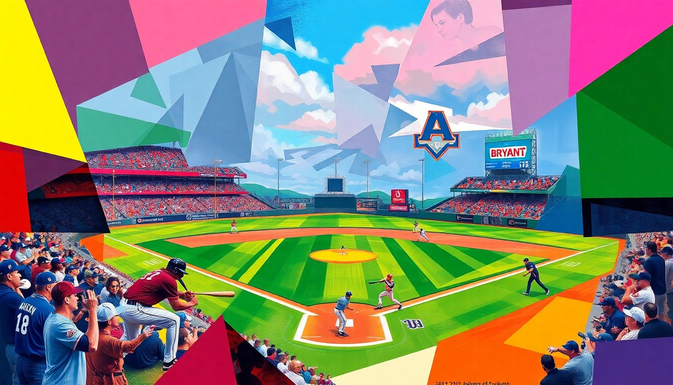 A cubist, geometric painting depicting the dynamic action of a college baseball game, with fragmented, overlapping shapes in the team colors of UAlbany and Bryant representing the players, bats, and field.