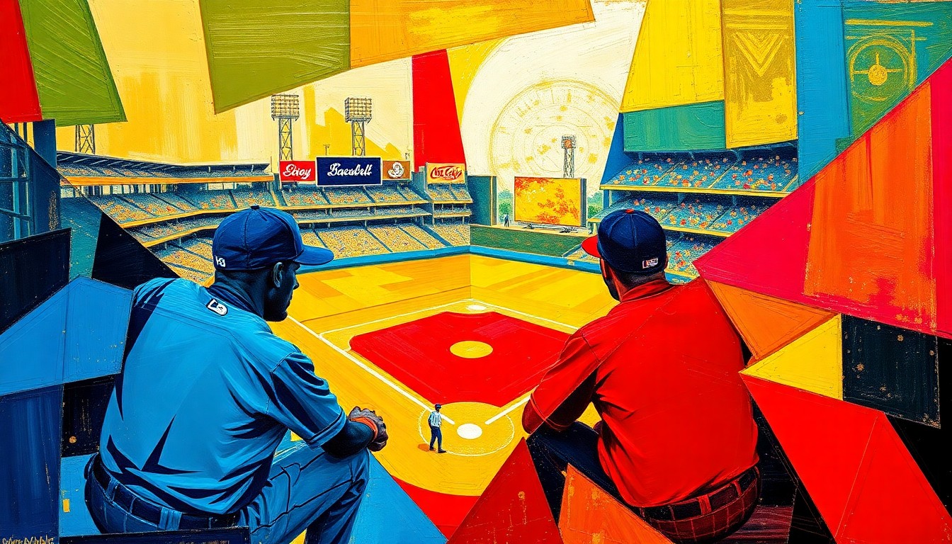 A fragmented, geometric painting in bold colors depicting a baseball game, with players and the field broken down into sharp, overlapping shapes and planes.