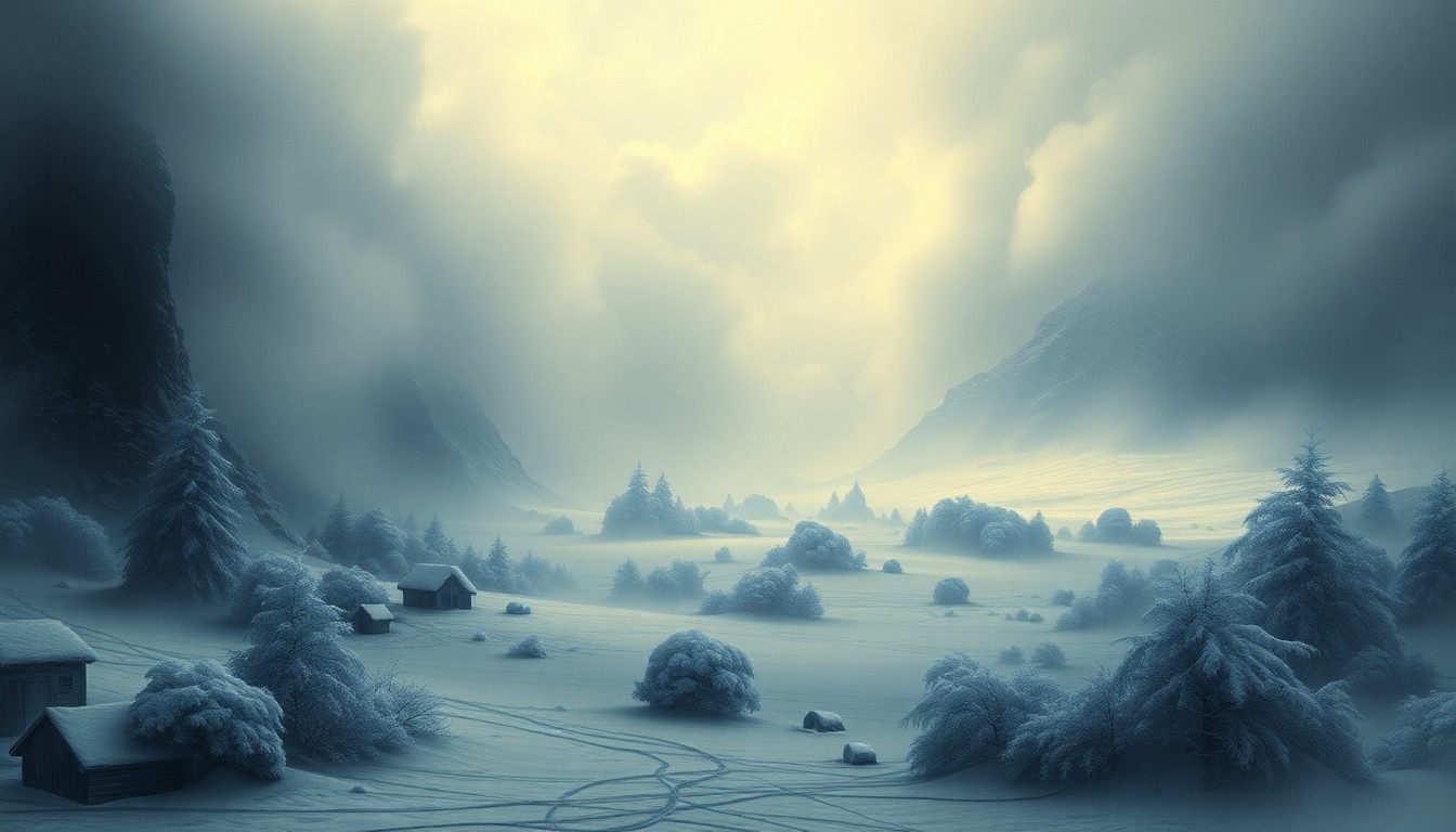 A sweeping, atmospheric landscape painting in muted tones of gray, blue, and white, depicting a vast, snowy expanse with heavy clouds and blowing wind, dwarfing any visible structures or infrastructure.