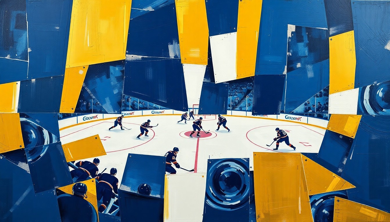A fractured, geometric painting depicting the dynamic movement and energy of a hockey game, with sharp planes of navy, gold, and white colors overlapping to create a sense of intensity and competition.