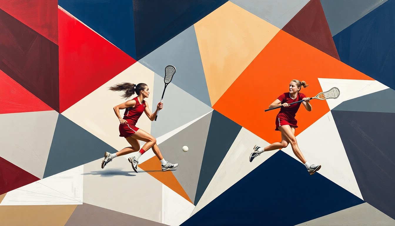 A cubist, geometric painting depicting a women's lacrosse game, with the players and ball broken down into abstract shapes and planes of color.