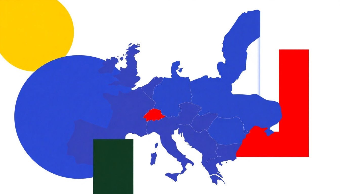 A geometric abstract illustration featuring bold primary-colored shapes and clean lines, conceptually representing Europe's shift towards renewable energy technologies in the wake of the Iran conflict.
