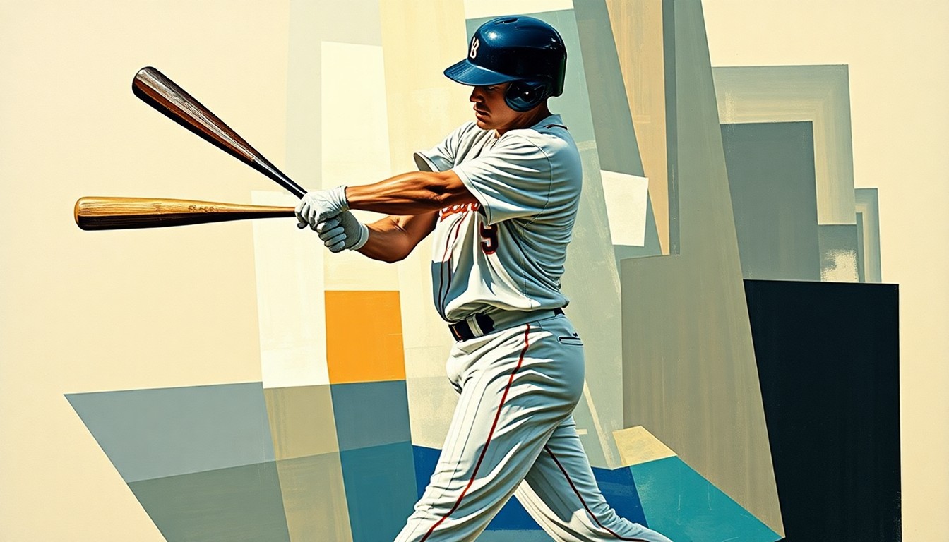 A fragmented, geometric painting depicting the dynamic movements of a baseball player, with sharp planes and overlapping perspectives, conveying the energy and skill of an underdog athlete.