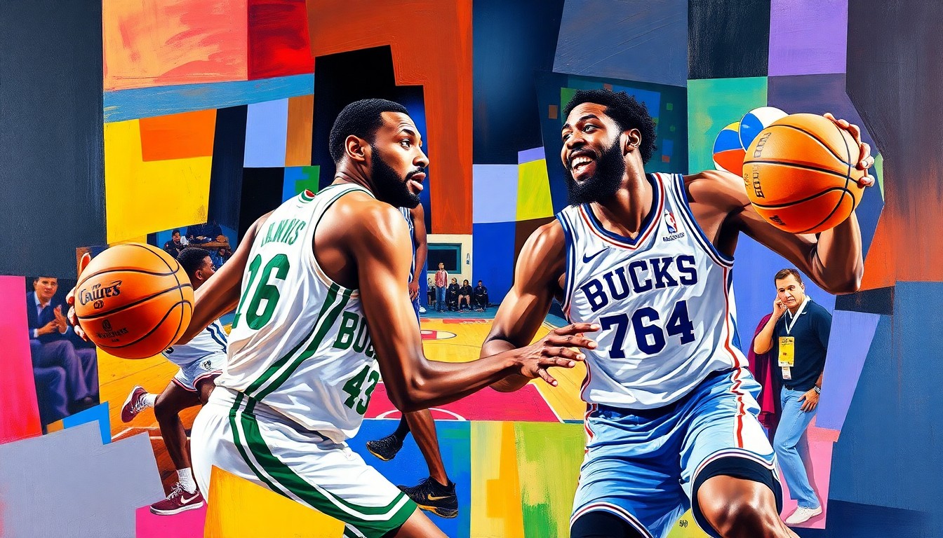 A cubist, geometric painting depicting the dynamic movements and physical dominance of two NBA superstars, Giannis Antetokounmpo and Joel Embiid, in an abstract, deconstructed style.