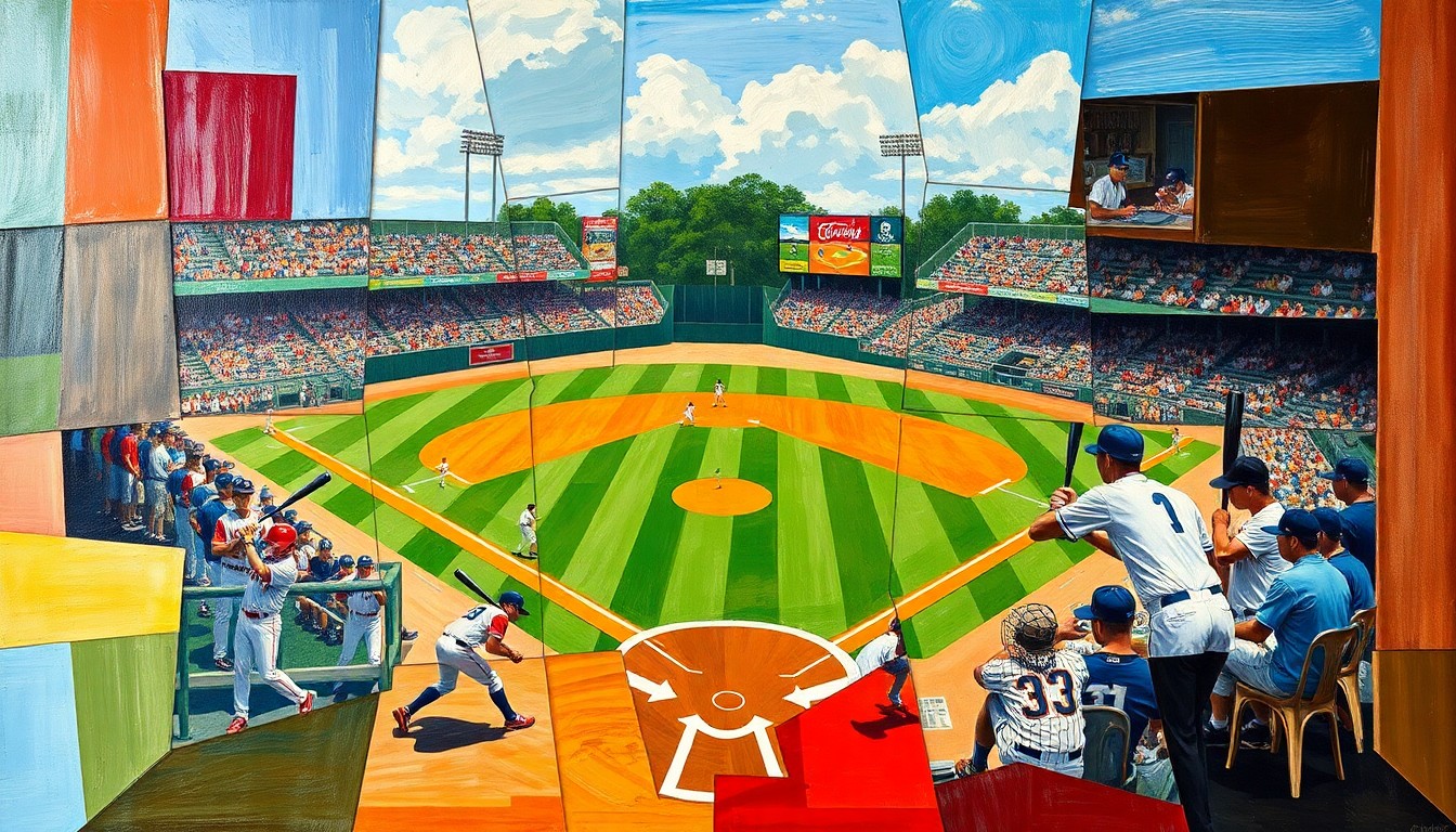 A fragmented, geometric painting depicting the chaotic final moments of a high school baseball game, with overlapping shapes and planes representing the players, equipment, and field.