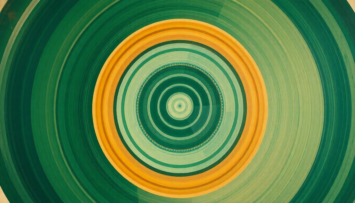 A highly structured abstract painting in muted tones of green, blue, and brown, featuring sweeping geometric arcs, concentric circles, and precise botanical spirals, conceptually representing the complex ecological forces at play in the Great Lakes as the invasive Asian carp threatens the delicate balance of this vital freshwater system.
