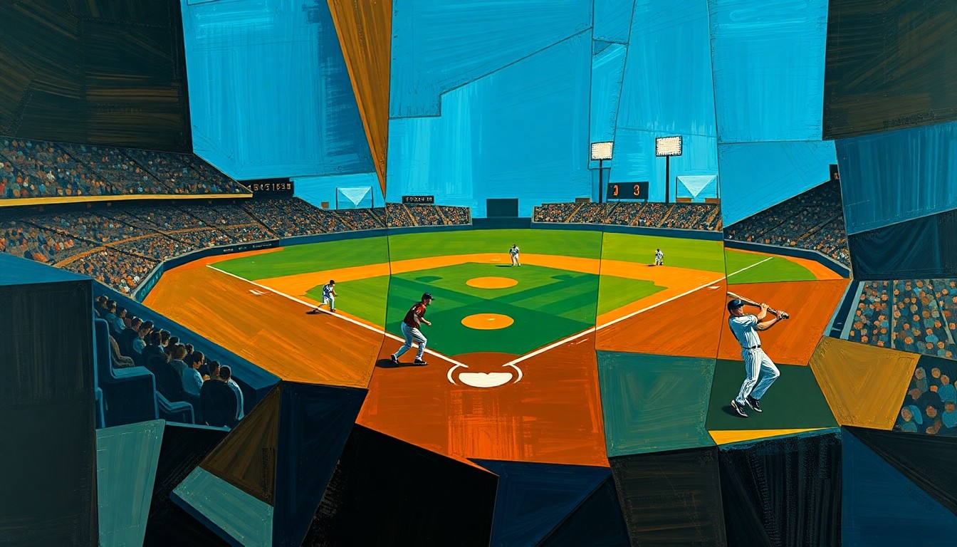 A fractured, cubist-style painting depicting a baseball game, with players and the field abstracted into sharp, overlapping geometric shapes and planes in a dynamic, multi-perspective composition using deep blues, browns, and bright orange accents.