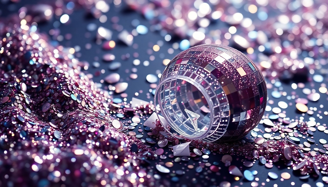 An extreme close-up photograph of shimmering sequins and shattered glass, capturing the glitz and energy of a music festival.