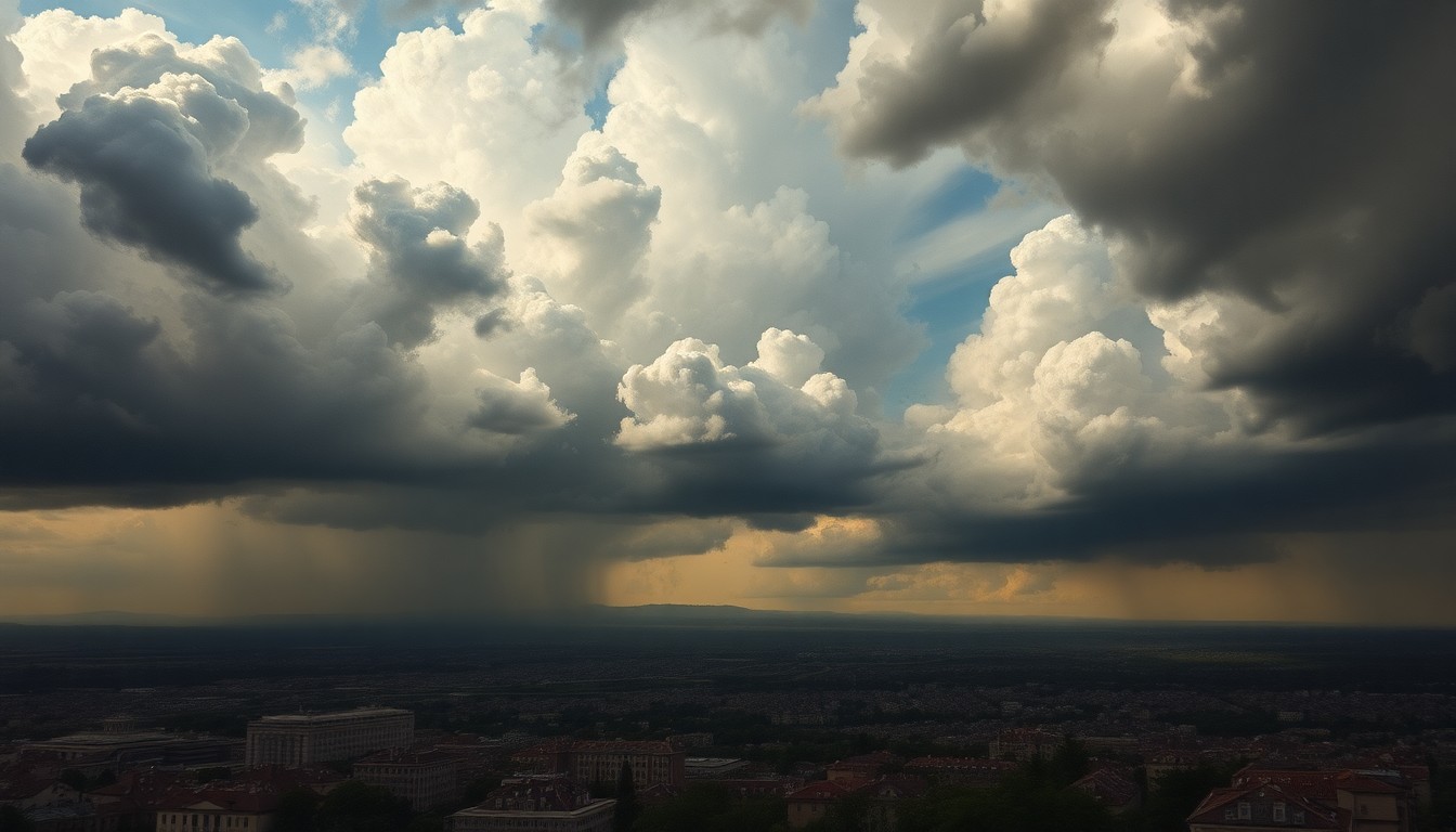 A dramatic landscape painting in muted tones of grey, blue, and green, with a stormy sky filled with heavy clouds looming over a distant cityscape, conveying the overwhelming power of nature.
