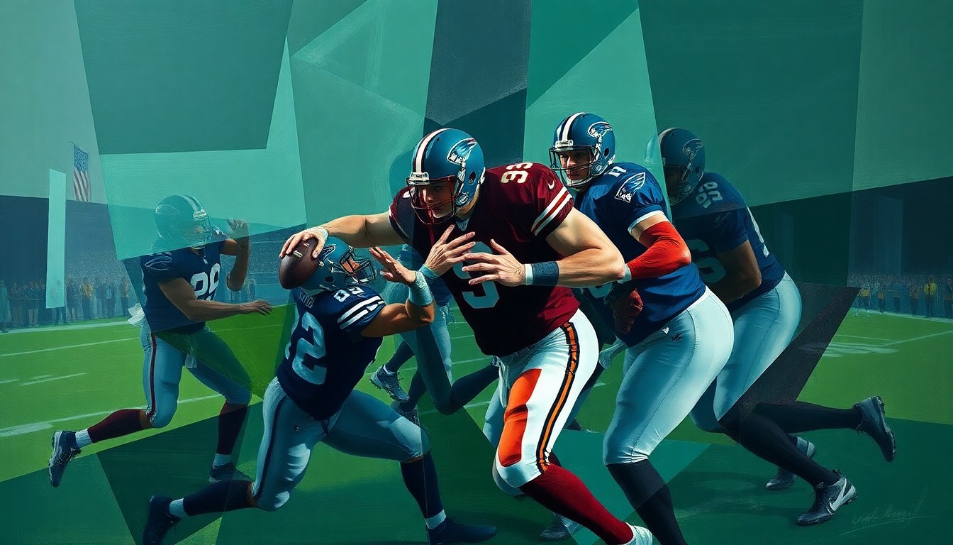 A fragmented, geometric painting depicting the dynamic movements and perspectives of a football game, with sharp planes of navy, forest green, and burgundy colors.
