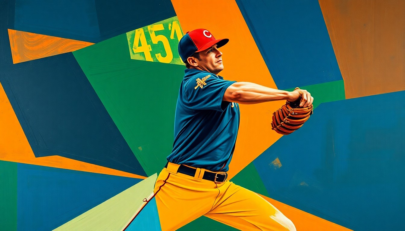 A fragmented, multi-angled painting depicting the motion of a baseball pitcher, with sharp geometric shapes in navy, green, and orange representing the various movements and positions of the body during the delivery.