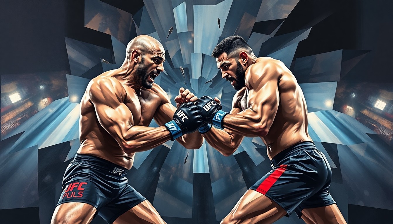 A fractured, multi-perspective painting depicting the intense physical action and grappling of a heavyweight MMA fight, with muscular forms and limbs overlapping in a cubist, geometric style.
